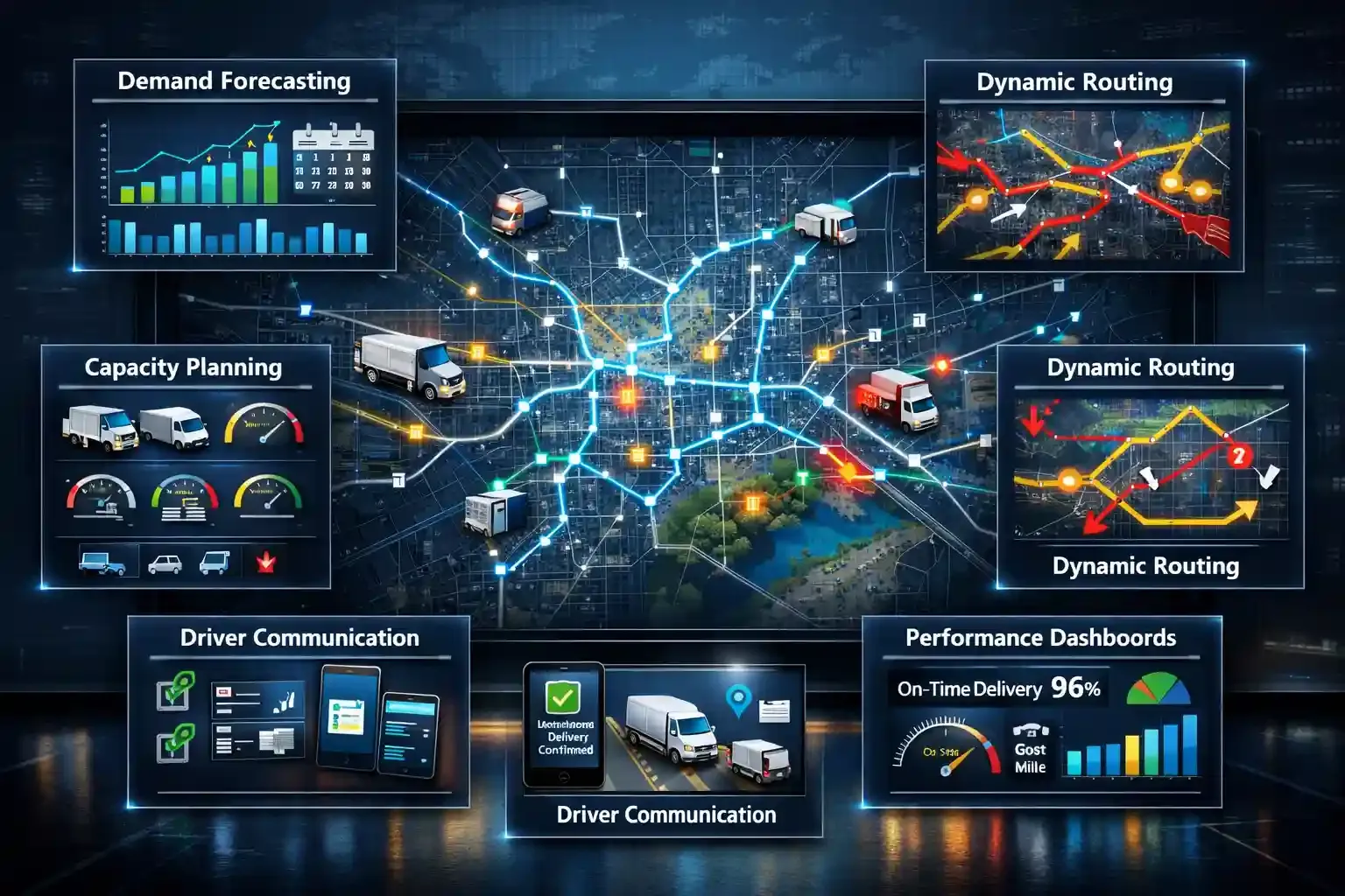 Route management dashboard showing routing, demand, capacity, and performance data.